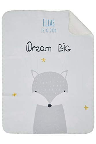 Wolimbo Duo Babydecke mit Namen - Motiv Dream Big Weiss - Lammfell Optik - 75x100cm von Wolimbo