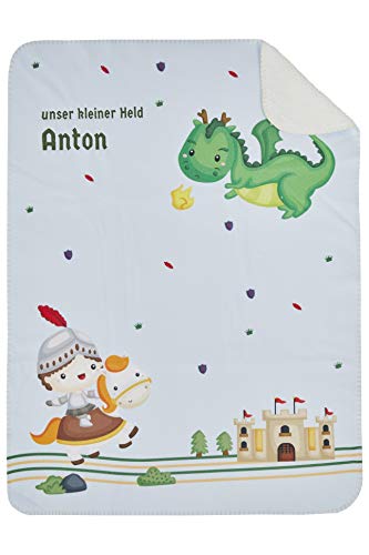 Wolimbo Duo Babydecke mit Namen - Motiv Drachen Ritter - Lammfell Optik - 75x100cm von Wolimbo