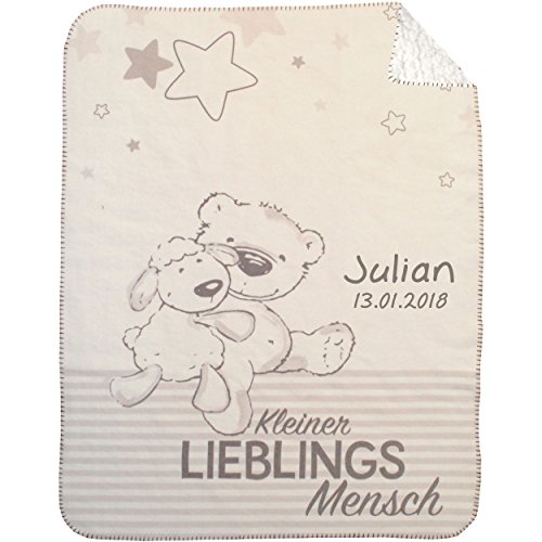 Wolimbo Duo Babydecke mit Namen - Motiv Kleiner Lieblingsmensch - Lammfell Optik - 75x100cm von Wolimbo