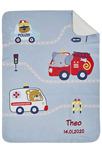 Wolimbo Duo Babydecke mit Namen - Motiv Rettungsfahrzeuge - Lammfell Optik - 75x100cm von Wolimbo