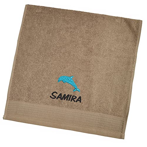 Wolimbo Handtuch Bestickt mit Namen und Motiv - 50x100 cm - Taupe - weiches Badehandtuch - Geschenk von Wolimbo