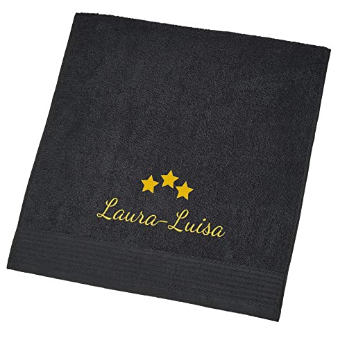 Wolimbo Handtuch Bestickt mit Namen und Motiv - 50x100 cm - schwarz - weiches Badehandtuch - Geschenk von Wolimbo