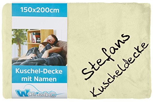 Wolimbo Kuscheldecke mit Namen - 200 x 150cm - Creme - für Erwachsene und Kinder - Wohndecke Sofadecke nach Wunsch Bestickt von Wolimbo