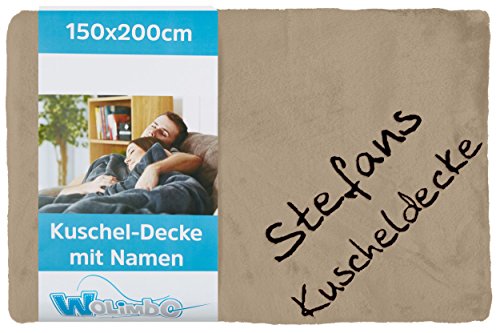 Wolimbo Kuscheldecke mit Namen - 200 x 150cm - Hellbraun - für Erwachsene und Kinder - Wohndecke Sofadecke nach Wunsch Bestickt von Wolimbo