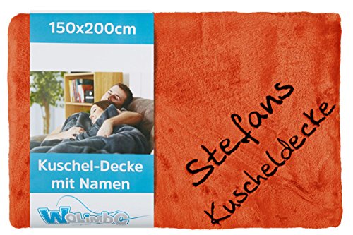 Wolimbo Kuscheldecke mit Namen - 200 x 150cm - orange - für Erwachsene und Kinder - Wohndecke Sofadecke nach Wunsch Bestickt von Wolimbo