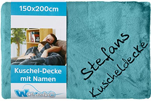 Wolimbo Kuscheldecke mit Namen - 200 x 150cm - türkis - für Erwachsene und Kinder - Wohndecke Sofadecke nach Wunsch Bestickt von Wolimbo