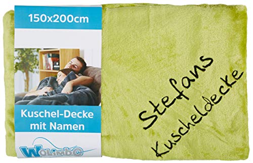 Wolimbo Kuscheldecke mit Namen - 200 x 150cm - hellgrün - für Erwachsene und Kinder - Wohndecke Sofadecke nach Wunsch Bestickt von Wolimbo
