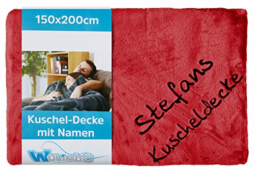 Wolimbo Kuscheldecke mit Namen - 200 x 150cm - rot - für Erwachsene und Kinder - Wohndecke Sofadecke nach Wunsch Bestickt von Wolimbo