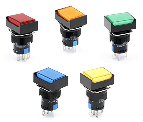 Woljay 16mm Drucktaster Taster Druckknopf Rechteckig Kopf LED Lampe Rot Orange Grün Blau Gelb Licht DC 12V SPDT 5Pin 5 Stück von Woljay