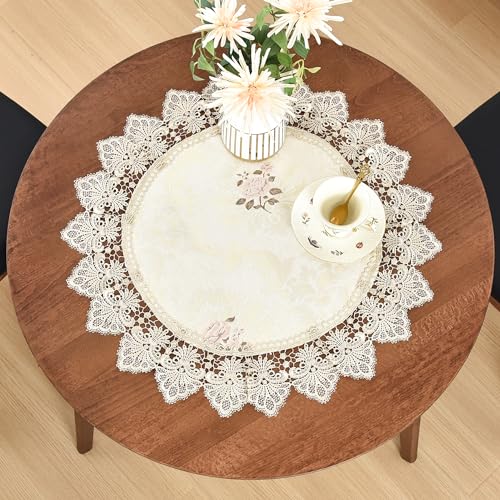 Kleine runde Tischdecke aus Spitze, 61 cm, Blumenmuster, elegante beige Tischdecke für Kommoden, Schal und Tischdekoration von Wolkemer