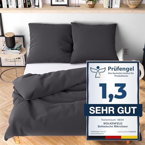 Wolkenfeld Bettwäsche 155x220 grau anthrazit - kuschlig weich & bügelfrei - ÖKO-TEX Zertifiziert - 1x Bettbezug + 1x Kissenbezug 80x80 von Wolkenfeld
