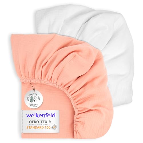 Wolkenfeld Spannbettlaken 70x140 Baby – 2er Set aus atmungsaktiver Musselin-Baumwolle – Weich & Sanft zur Haut – Passend für Matratzen bis 10 cm Rosa-Weiß Wolkenfeld Spannbettlaken 70x140 Baby – 2er Set aus atmungsaktiver Musselin-Baumwolle – Weich & Sanft zur Haut – Passend für Matratzen bis 10 cm Rosa-Weiß von Wolkenfeld