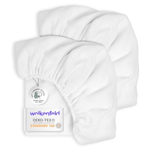 Wolkenfeld Spannbettlaken 70x140 Baby – 2er Set aus atmungsaktiver Musselin-Baumwolle – Weich & Sanft zur Haut – Passend für Matratzen bis 10 cm Weiß-Weiß Wolkenfeld Spannbettlaken 70x140 Baby – 2er Set aus atmungsaktiver Musselin-Baumwolle – Weich & Sanft zur Haut – Passend für Matratzen bis 10 cm Weiß-Weiß von Wolkenfeld