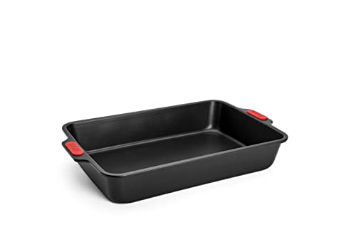 Woll Bakeware Backform rechteckig, 38 x 26 cm, mit hitzebeständigen Silikongriffen bis 230°C, PFAS-frei, zweilagige Antihaftbeschichtung, aluminisierter Stahl, schwarz von Woll