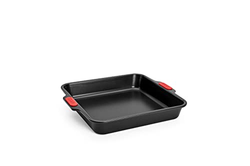 Woll Bakeware Backform viereckig, 28 x 28 cm, mit hitzebeständigen Silikongriffen bis 230°C, PFAS-frei, zweilagige Antihaftbeschichtung, aluminisierter Stahl, schwarz von Woll