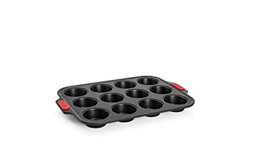 Woll Bakeware Muffinform für 12 Stück, mit hitzebeständigen Silikongriffen bis 230°C, PFAS-frei, zweilagige Antihaftbeschichtung, aluminisierter Stahl, schwarz von Woll