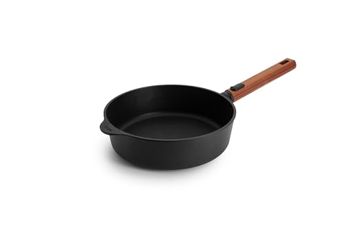 Woll Eco Logic QXR Guss-Hochrandpfanne - Induktiv -, Ø 24 cm, 7 cm hoch, mit abnehmbarem nachhaltigem Holzstiel - Geeignet für alle Herdarten, PFAS-frei, Antihaft-Versiegelung, Aluminiumguss von Woll