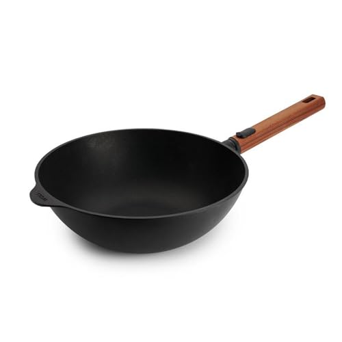 Woll Eco Logic QXR Wok - Induktiv -, Ø 28 cm, 10 cm hoch, mit abnehmbarem nachhaltigem Holzstiel - Geeignet für alle Herdarten, PFAS-frei, Antihaft-Versiegelung, Aluminiumguss von Woll