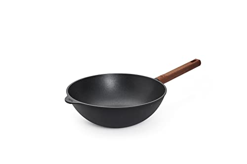 Woll Eco Logic QXR Wok- und Rührpfanne und Rührpfanne - Induktiv -, Ø 28 cm, 10 cm hoch, mit festem nachhaltigem Holzstiel - Geeignet für alle Herdarten, PFAS-frei, Aluguss, backofenfest, schwarz von Woll