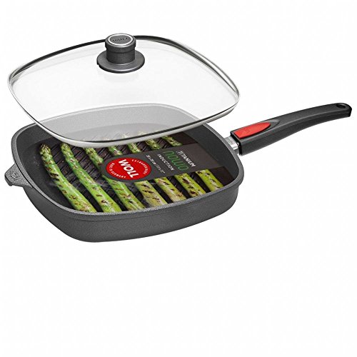Woll Titanium Nowo Induction Guss-Steackpfanne 28 cm, 6,5 cm hoch viereckig Grillmuster induktion Set mit Glasdeckel von Woll