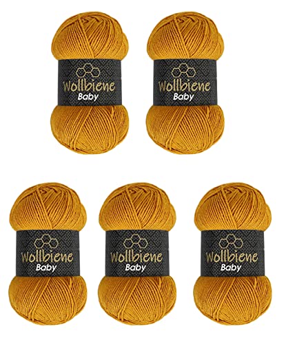 5 x 100g Strickgarn Wollbiene Baby Best Uni, Antipilling Strickwolle Häkelwolle (ocker 21) von Wollbiene