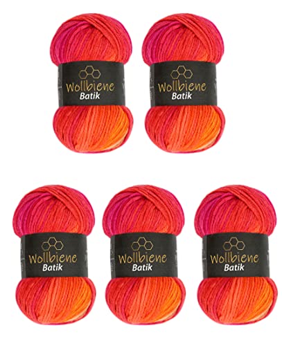 5 x 100g Wollbiene Batik 500 Gramm Wolle mit Farbverlauf mehrfarbig Multicolor Strickwolle Häkelwolle (1410 rot orange) von Wollbiene