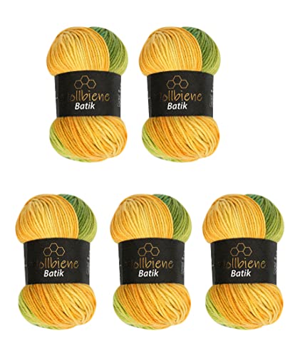 5 x 100g Wollbiene Batik 500 Gramm Wolle mit Farbverlauf mehrfarbig Multicolor Strickwolle Häkelwolle (1430 grün gelb orange) von Wollbiene