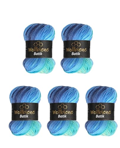 5 x 100g Wollbiene Batik 500 Gramm Wolle mit Farbverlauf mehrfarbig Multicolor Strickwolle Häkelwolle (2130 blau türkis) von Wollbiene