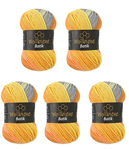 5 x 100g Wollbiene Batik 500 Gramm Wolle mit Farbverlauf mehrfarbig Multicolor Strickwolle Häkelwolle (5030 grau orange gelb) von Wollbiene