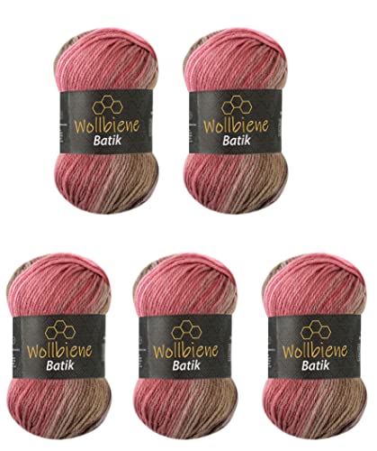 5 x 100g Wollbiene Batik 500 Gramm Wolle mit Farbverlauf mehrfarbig Multicolor Strickwolle Häkelwolle (5050 braun beere rosa) von Wollbiene