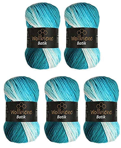 5 x 100g Wollbiene Batik 500 Gramm Wolle mit Farbverlauf mehrfarbig Multicolor Strickwolle Häkelwolle (5200 petrol türkis weiß) von Wollbiene