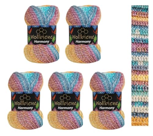 5 x 100g Wollbiene Harmony Batik 500 Gramm mit Farbverlauf 30% Baumwolle mehrfarbig Multicolor Strickwolle Häkelwolle Wolle Ganzjahreswolle (8000 türkis beere orange) von Wollbiene