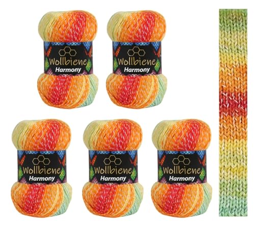 5 x 100g Wollbiene Harmony Batik 500 Gramm mit Farbverlauf 30% Baumwolle mehrfarbig Multicolor Strickwolle Häkelwolle Wolle Ganzjahreswolle (8020 grün rot orange gelb) von Wollbiene