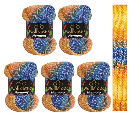 5 x 100g Wollbiene Harmony Batik 500 Gramm mit Farbverlauf 30% Baumwolle mehrfarbig Multicolor Strickwolle Häkelwolle Wolle Ganzjahreswolle (8040 blau orange) von Wollbiene