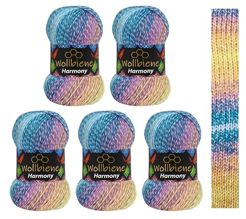 5 x 100g Wollbiene Harmony Batik 500 Gramm mit Farbverlauf 30% Baumwolle mehrfarbig Multicolor Strickwolle Häkelwolle Wolle Ganzjahreswolle (8070 blau lila camel) von Wollbiene