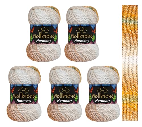 5 x 100g Wollbiene Harmony Batik 500 Gramm mit Farbverlauf 30% Baumwolle mehrfarbig Multicolor Strickwolle Häkelwolle Wolle Ganzjahreswolle (8080 grün orange braun weiß) von Wollbiene