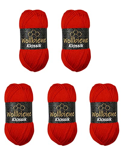 5 x 100g Wolle Wollbiene Klassik Strickgarn, Uni-Wolle, Premium Polyacryl, Wolle zum stricken häkeln (rot 11) von Wollbiene