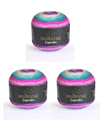 Cupcake 3 x 150g Strickwolle 450 Gramm Wolle zum Stricken und Häkeln Babywolle türkische Wolle Farbverlaufswolle (pink türkis lila 3030) von Wollbiene