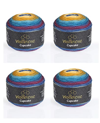 Cupcake 4 x 150g Strickwolle 600 Gramm Wolle zum Stricken und Häkeln Babywolle Wolle Farbverlaufswolle (3060 blau ocker) von Wollbiene