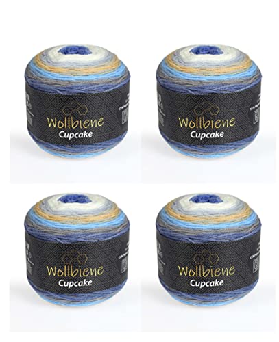 Cupcake 4 x 150g Strickwolle 600 Gramm Wolle zum Stricken und Häkeln Babywolle Wolle Farbverlaufswolle (3070 blau beige weiß) von Wollbiene