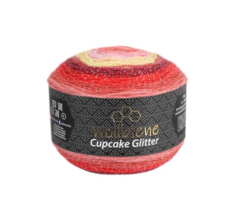 Cupcake Glitter Simli 150g Strickwolle 150 Gramm Wolle zum Stricken und Häkeln Babywolle türkische Wolle Farbverlaufswolle Glitzer (rot gelb 1910) von Wollbiene