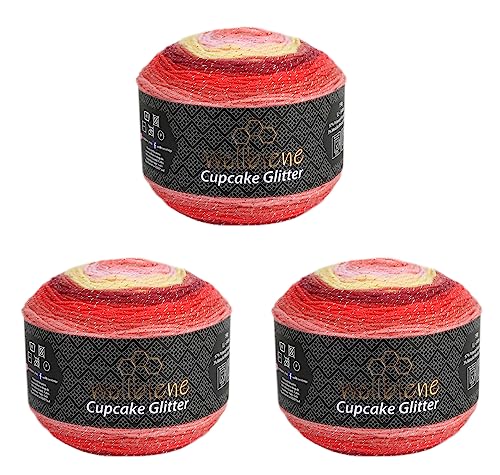 Cupcake Glitter Simli 3 x 150g Strickwolle 450 Gramm Wolle zum Stricken und Häkeln Babywolle türkische Wolle Farbverlaufswolle Glitzer (1910 rot gelb) von Wollbiene