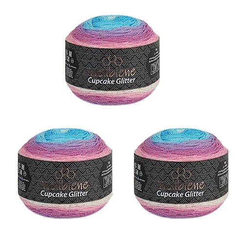 Cupcake Glitter Simli 3 x 150g Strickwolle 450 Gramm Wolle zum Stricken und Häkeln Babywolle türkische Wolle Farbverlaufswolle Glitzer (3000 hellblau rosa pastell) von Wollbiene