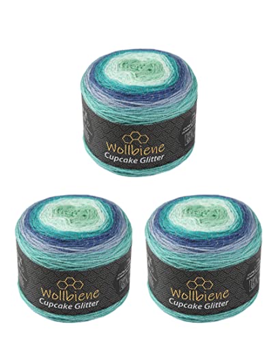 Cupcake Glitter Simli 3 x 150g Strickwolle 450 Gramm Wolle zum Stricken und Häkeln Babywolle türkische Wolle Farbverlaufswolle Glitzer (3090 blau türkis grün) von Wollbiene