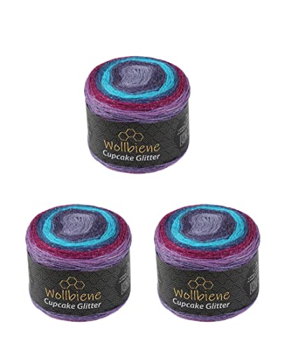 Cupcake Glitter Simli 3 x 150g Strickwolle 450 Gramm Wolle zum Stricken und Häkeln Babywolle türkische Wolle Farbverlaufswolle Glitzer (3210 lila beere türkis) von Wollbiene