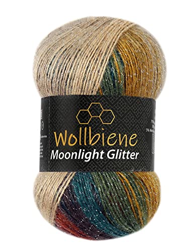 Moonlight Glitter Batik Simli 100g Strickwolle Wolle zum Stricken und Häkeln 20% Wolle Metallic-Wolle türkische Wolle Farbverlaufswolle Glitzerwolle (3050 kastanie ocker grün) von Wollbiene