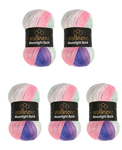 Moonlight Glitter Batik Simli 5 x 100g Strickwolle 500 Gramm Wolle zum Stricken und Häkeln 20% Wolle Metallic-Wolle türkische Wolle Farbverlaufswolle Glitzerwolle (3090 lila grün rosa) von Wollbiene