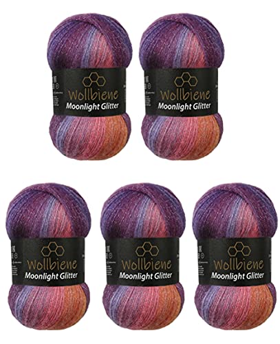 Moonlight Glitter Batik Simli 5 x 100g Strickwolle 500 Gramm Wolle zum Stricken und Häkeln 20% Wolle Metallic-Wolle türkische Wolle Farbverlaufswolle Glitzerwolle (5600 lila beere orange) von Wollbiene