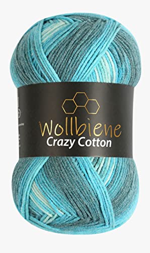 Wollbiene Crazy Cotton Batik 100 Gramm mit Farbverlauf 55% Baumwolle mehrfarbig Multicolor Strickwolle Häkelwolle Wolle Ganzjahreswolle (5200 petrol türkis weiß) von Wollbiene