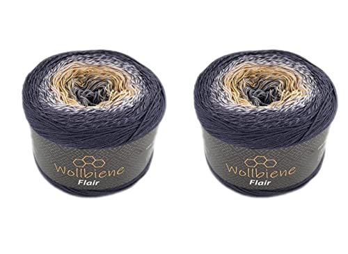 Wollbiene Flair Cotton 2x250g Bobbel Wolle Farbverlauf, 100% Baumwolle, Bobble Strickwolle Mehrfarbig (921 dunkelgrau weiß ocker) von Wollbiene